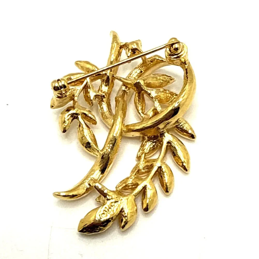 Vintage NWOT Napier Gold Tone Clear Rhinestone Brooch Floral  Fern Ribbon Pin 2